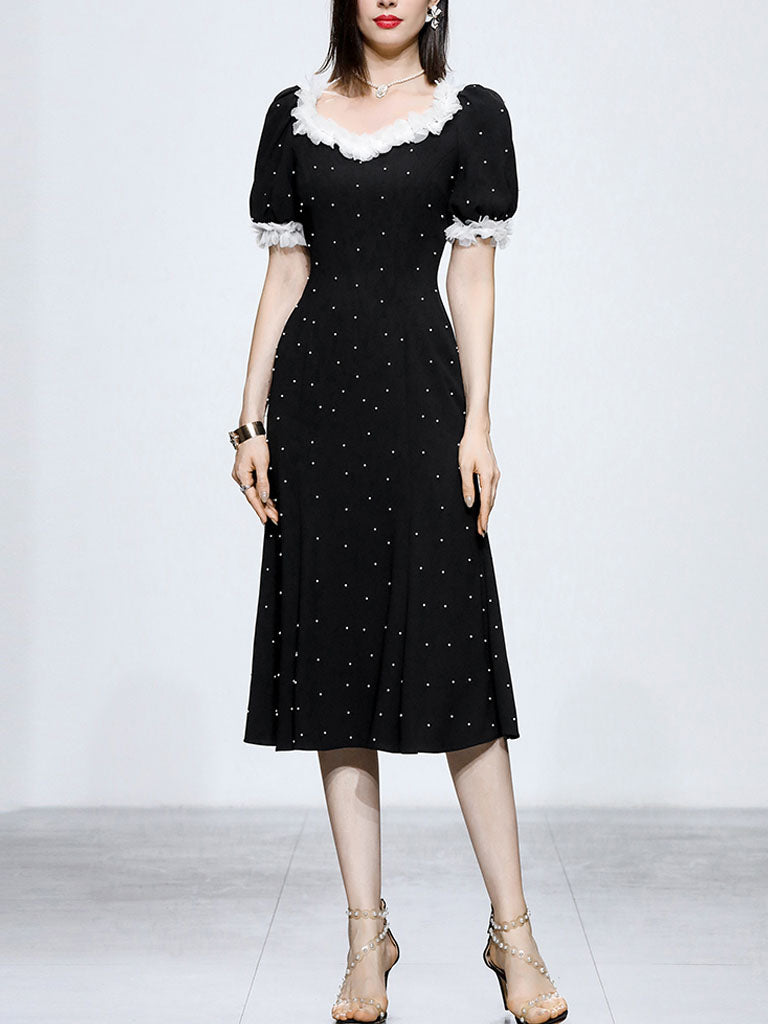 White Lace Square Neck Puff Sleeve Vintage Pearl Hepburn Style Midi Black Dress