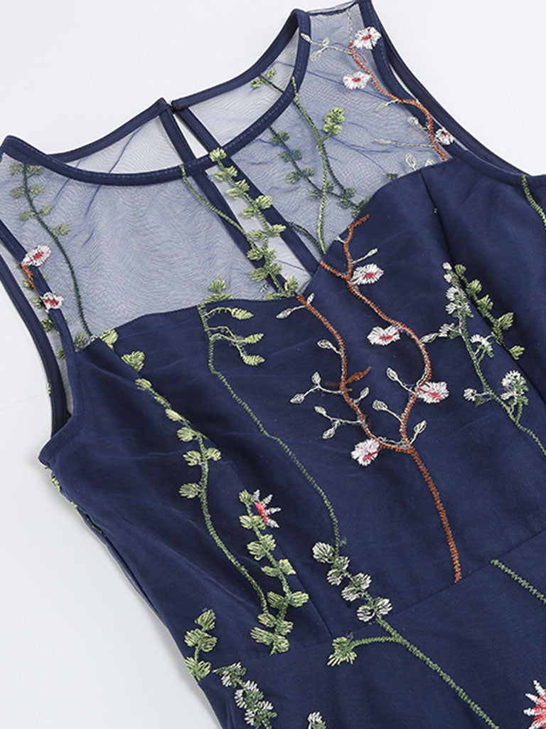Wine Red Semi Mesh Flower Embroidered Sleeveless 50S Swing Dress