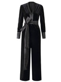 Deep V Neck Black Velvet Jumpsuit Vintage Rompers