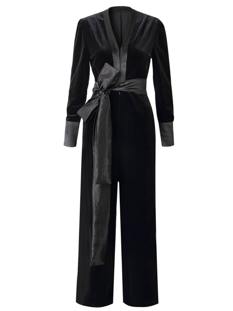 Deep V Neck Black Velvet Jumpsuit Vintage Rompers