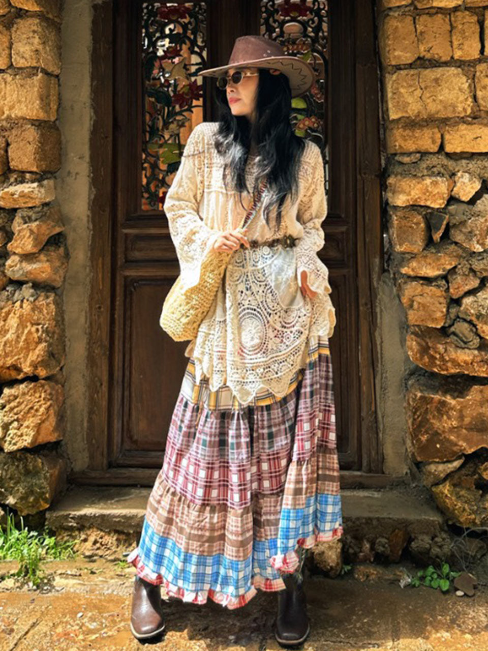 Bohemian Lace Dress and Print Skirt Boho Maxi Dress Outfit