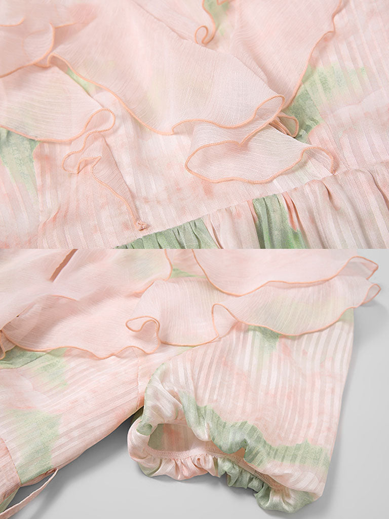 Pink Ruffles Collar Floral Frint Puff Sleeve 1950S Vintage Dress