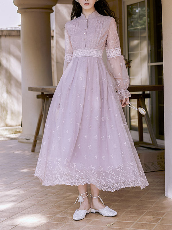 Embroidered Puff Long Sleeve Edwardian Revival Dress