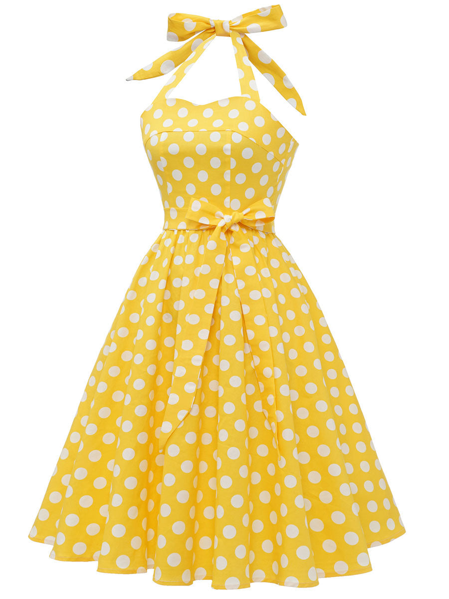 Blue And White Polka Dots Vintage Halter 1950S Dress