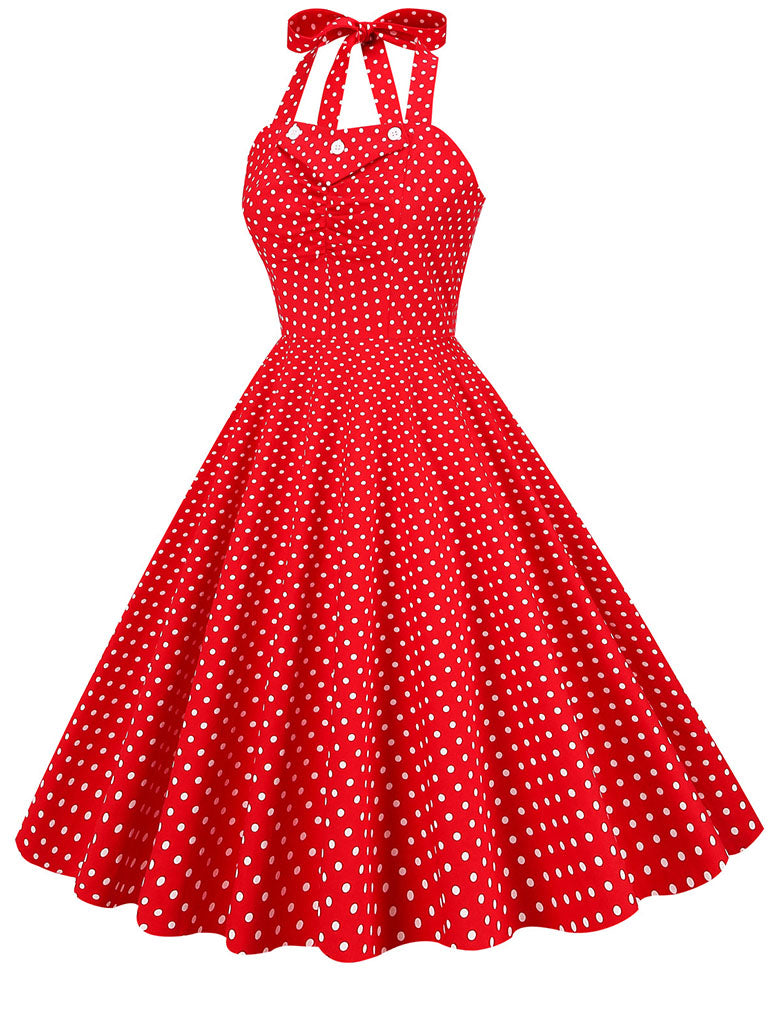 Red And White Polka Dots Vintage Halter 1950S Dress