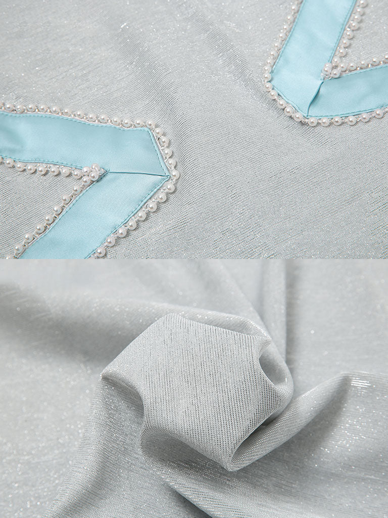 Baby Blue Sweet Heart Collar Puff Sleeve Pearl 50S Vintage Swing Dress