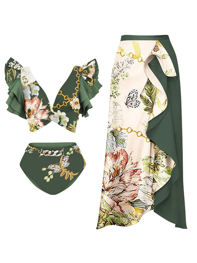 Green Retro Butterfly Print Bikini