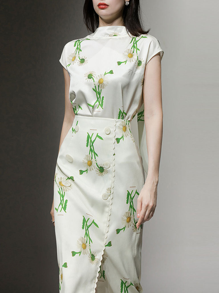 2PS White Retro Stand Collar Satin Printed Top