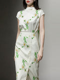 2PS White Retro Stand Collar Satin Printed Top