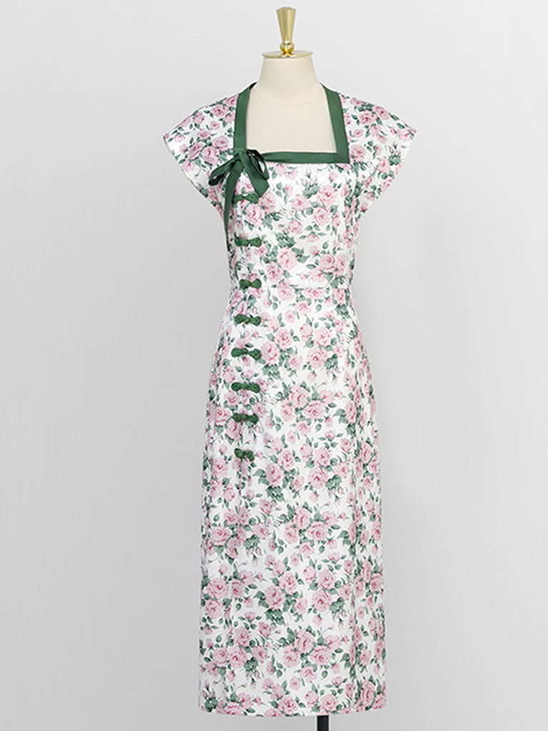 Green Rose Square Collar Split Cheongsam Dress