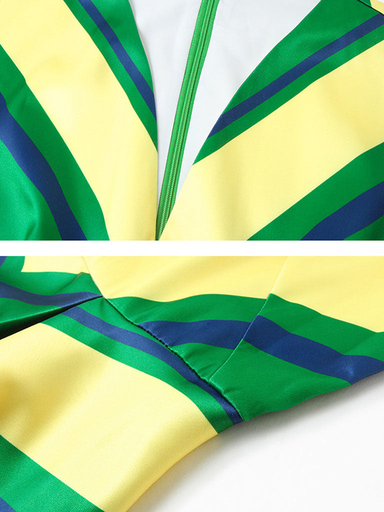 Yellow And Green V Neck Stripes 1950S Hepburn Style Outfits Vintage Swing Dress
