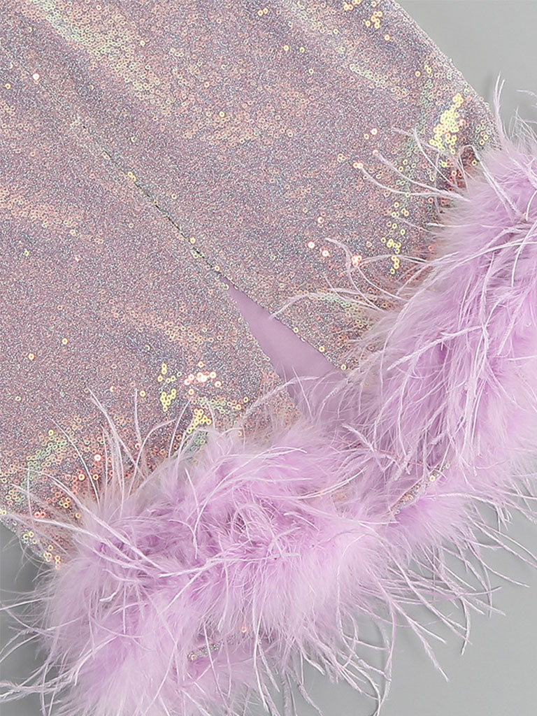 Purple Sweet Feather Hem Sequin Strapless Bodycon Gown Party Dress