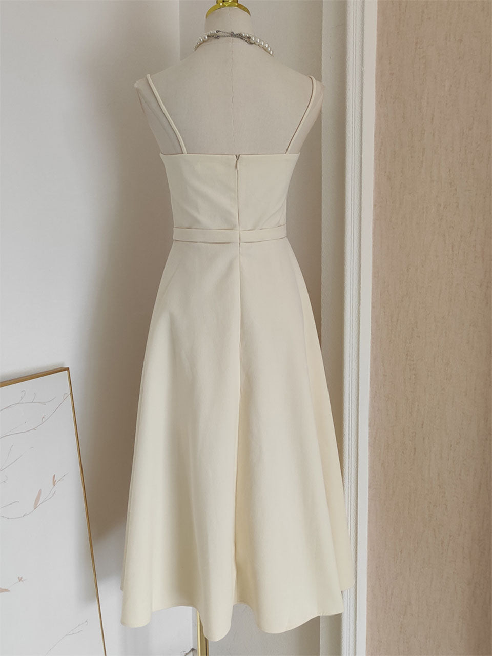 Apricot Embroidered Spaghetti Strap Vintage Dress