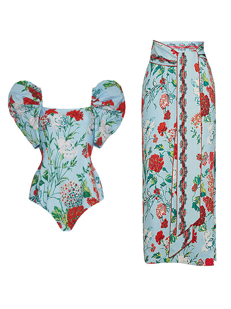 Green Retro Floral Print Puff Sleeve One Piece