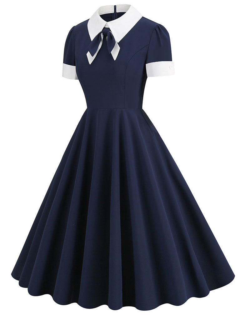 Navy Cotton Plaid Short Sleeve Cravat Tie 1950S Vintage Dress