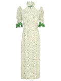 Hollow Fresh Floral Vintage Style Slit Cheongsam Dress