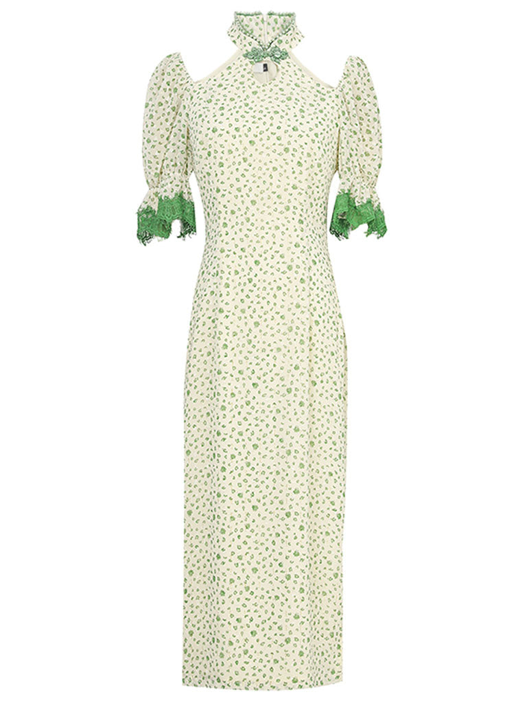 Hollow Fresh Floral Vintage Style Slit Cheongsam Dress