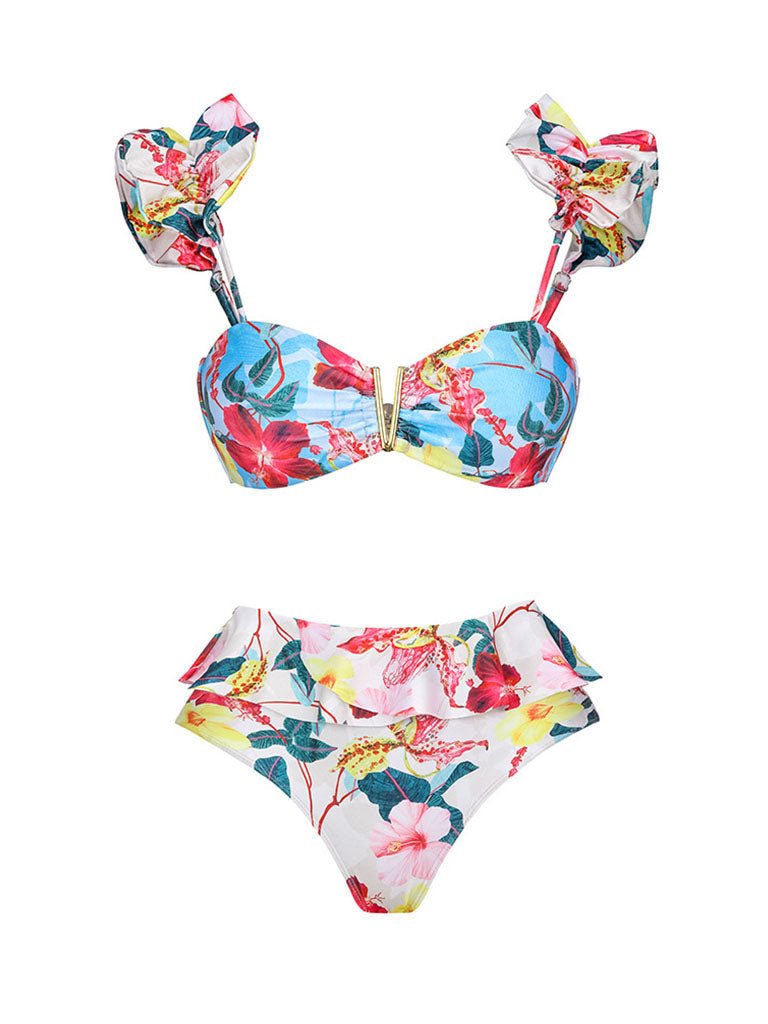 Blue Flower Print Ruffles Strappy Bikini