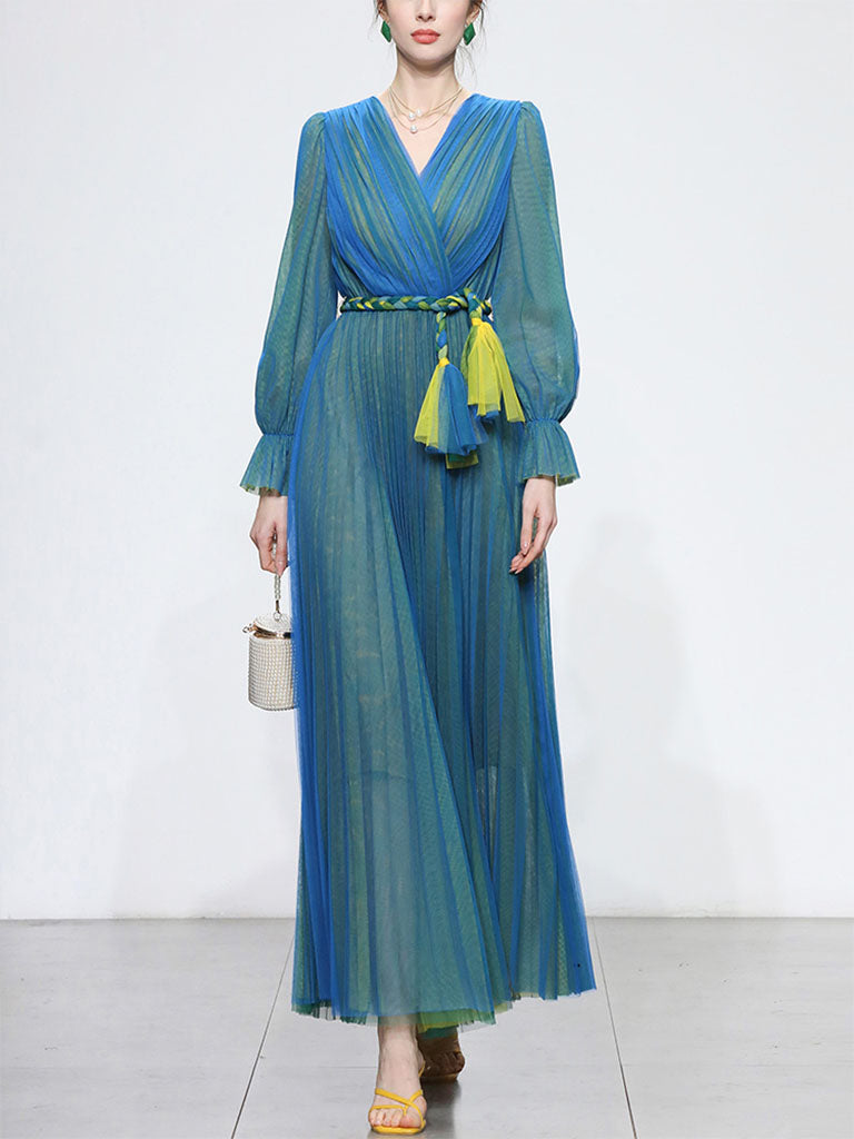 Blue V Neck Lantern Sleeve Pleated Fairy Dress