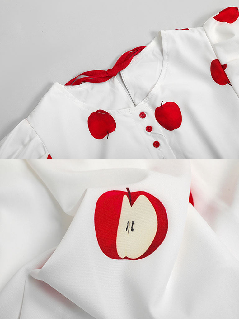 White Crew Neck Printed Red Apple Swing 1950S Dress