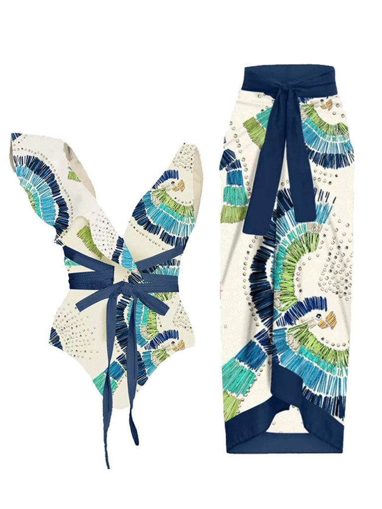 Blue Floral Print Ruffles Strap One Piece