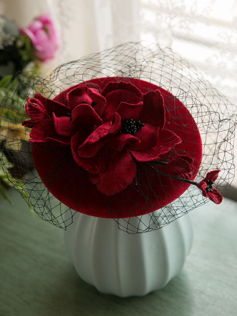 Wine Red Flower Tulle Vintage Velvet 1950S Hat