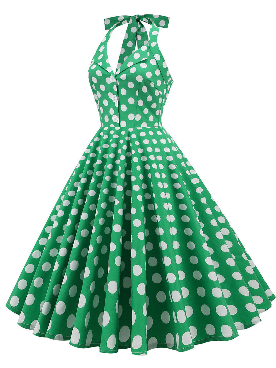 Green And White Polka Dots Pockets Vintage Halter 1950S Dress