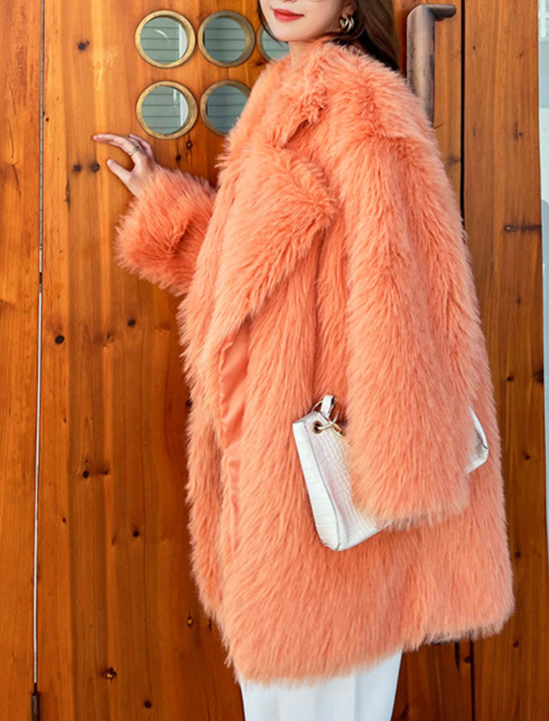 Orange Faux Fur Long Sleeve Lambswool Coat Winter Coat