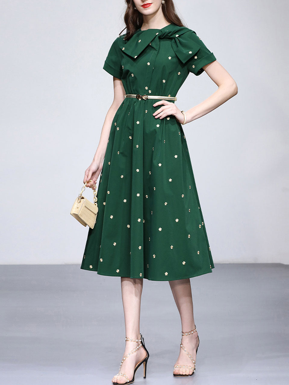 Dark Green Bow Collar Embroidered Flower 1950S Vintage Dress