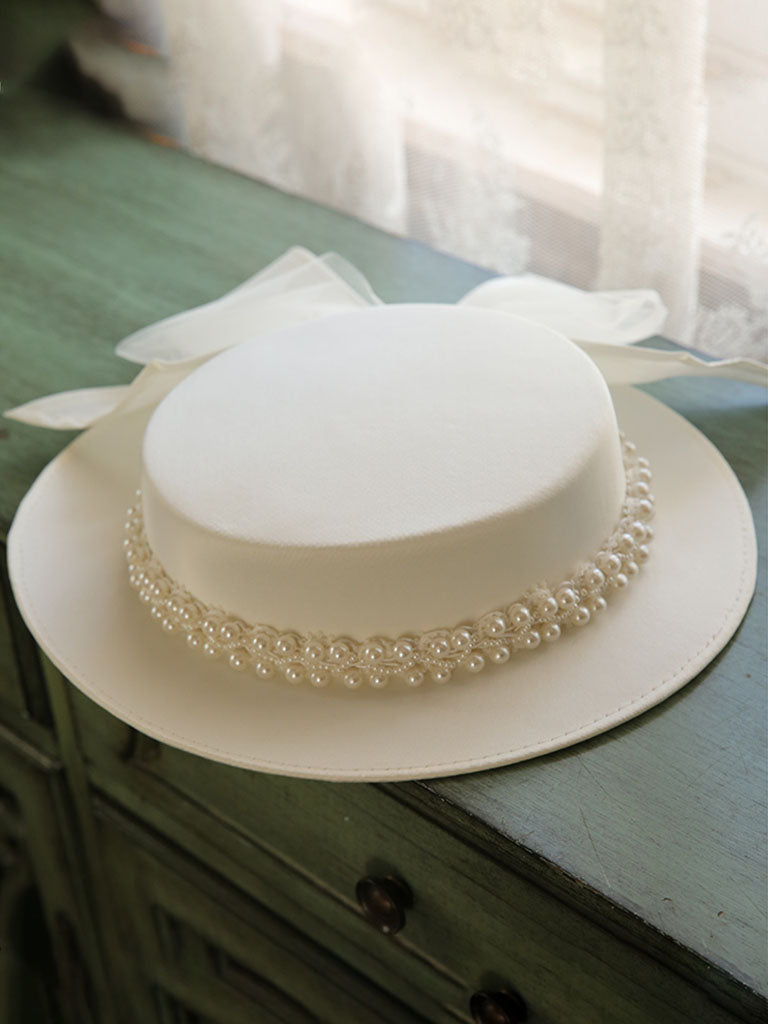 White Big Bow Wedding Pearls Hat