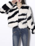 Black and White Zebra Stripes Faux Fur Long Sleeve Coat Winter Coat