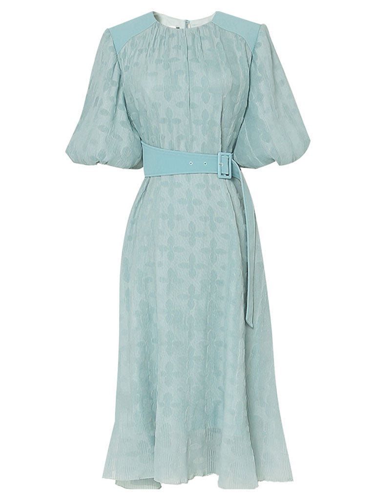 Green Crew Neck Toothpick Pleated Jacquard Fabric Puff Sleeve Vintage Dress