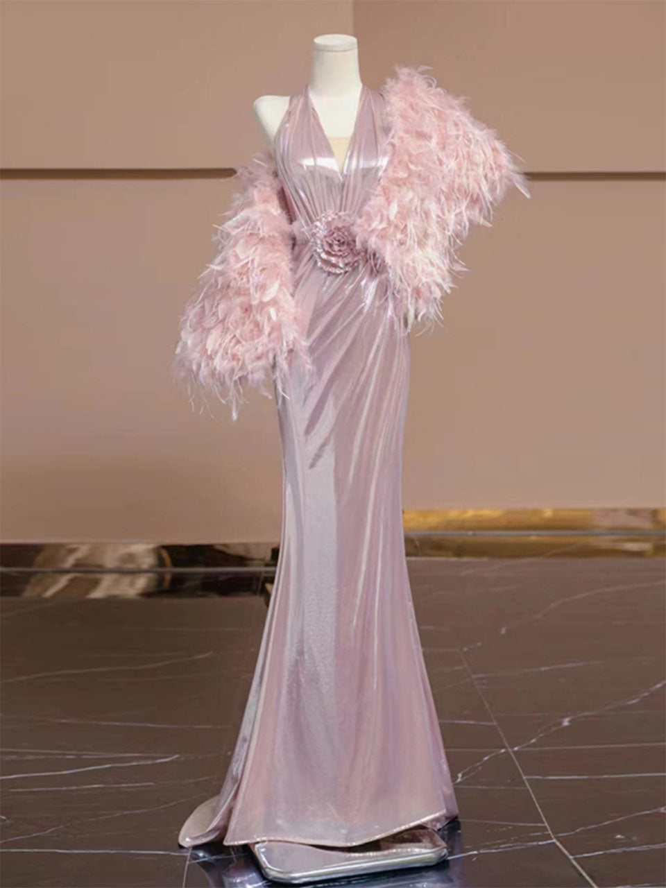 Pink Pleated V Neck Retro Fishtail Dress