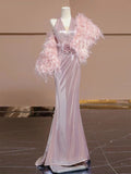 Pink Pleated V Neck Retro Fishtail Dress