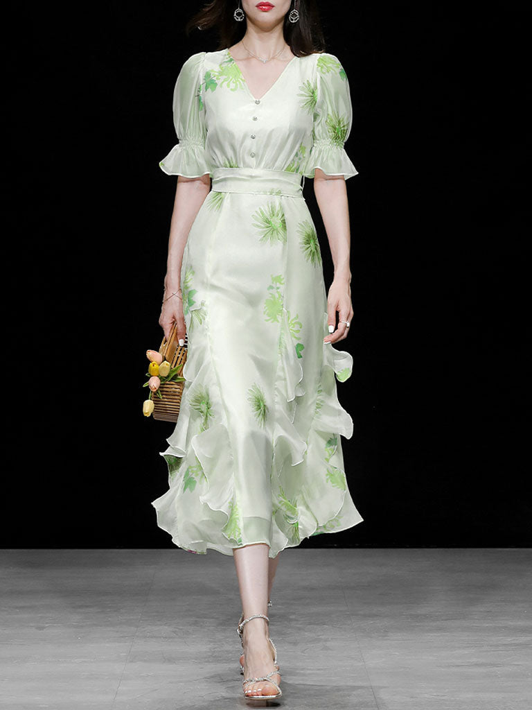 Green V Neck Floral Print Ruffles Maxi Chiffon Dress