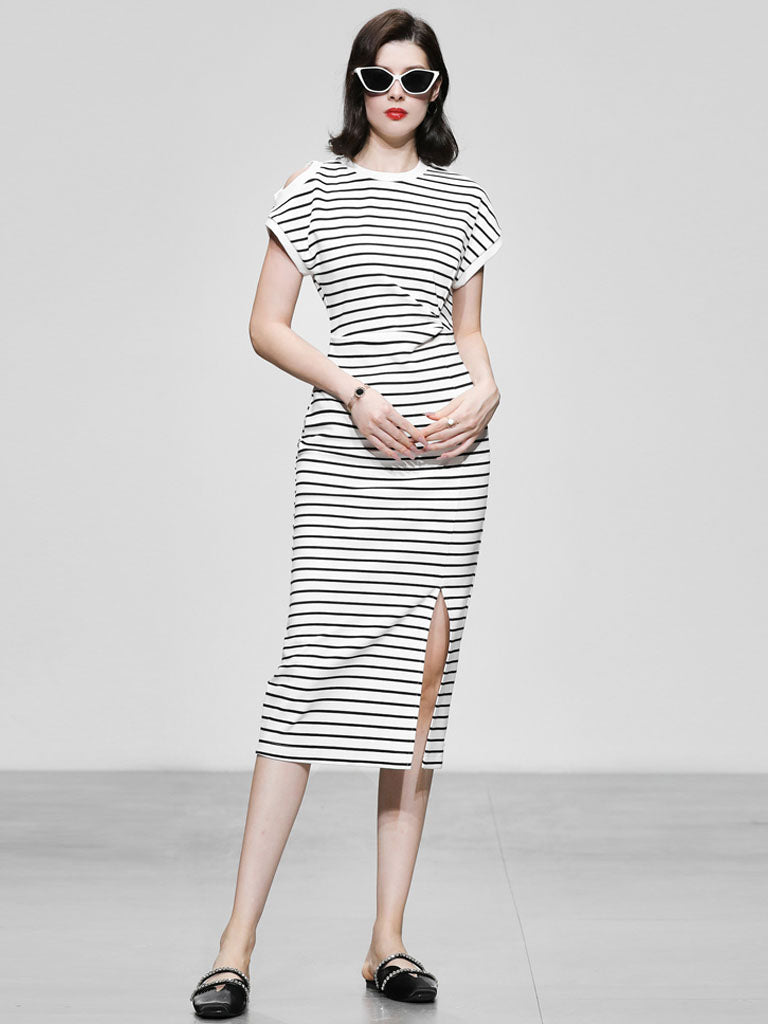 Striped Crew Neck Slit Casual Bodycon Dress