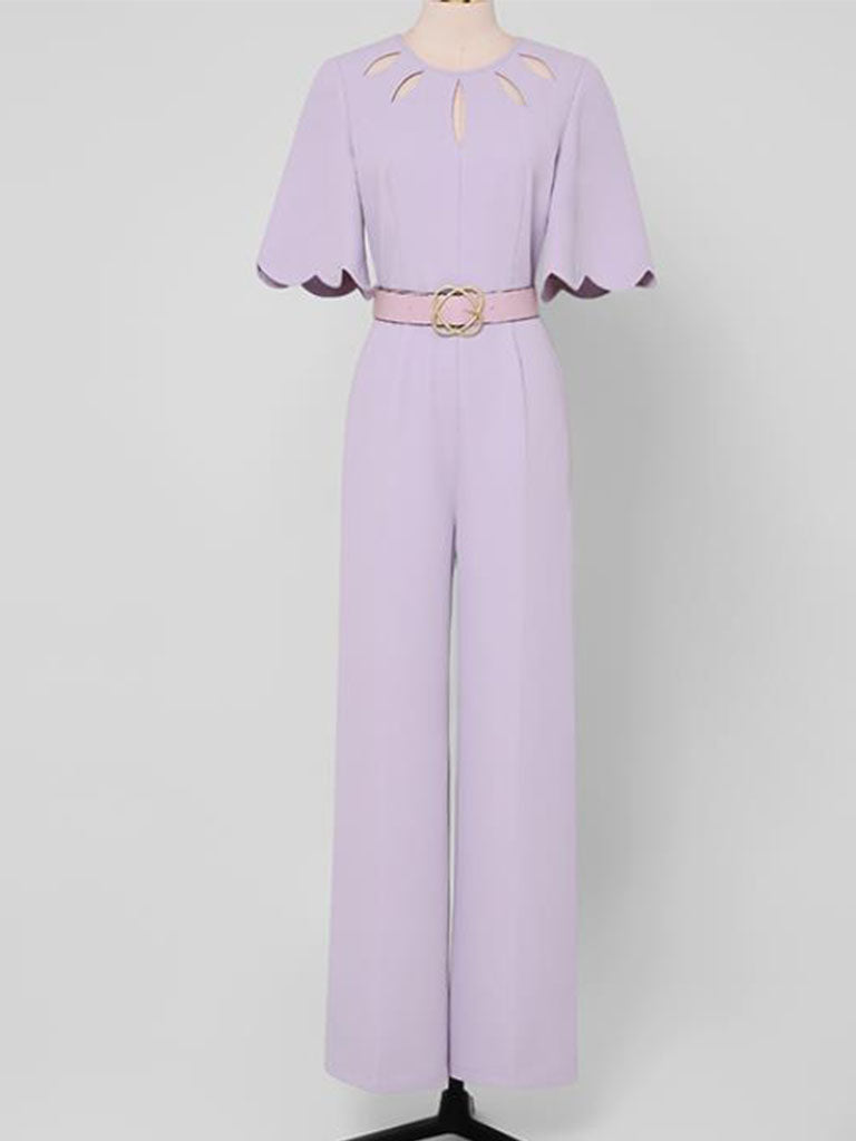 Lilac Elegant Crew Neck Flower Cut Out Short Sleeves