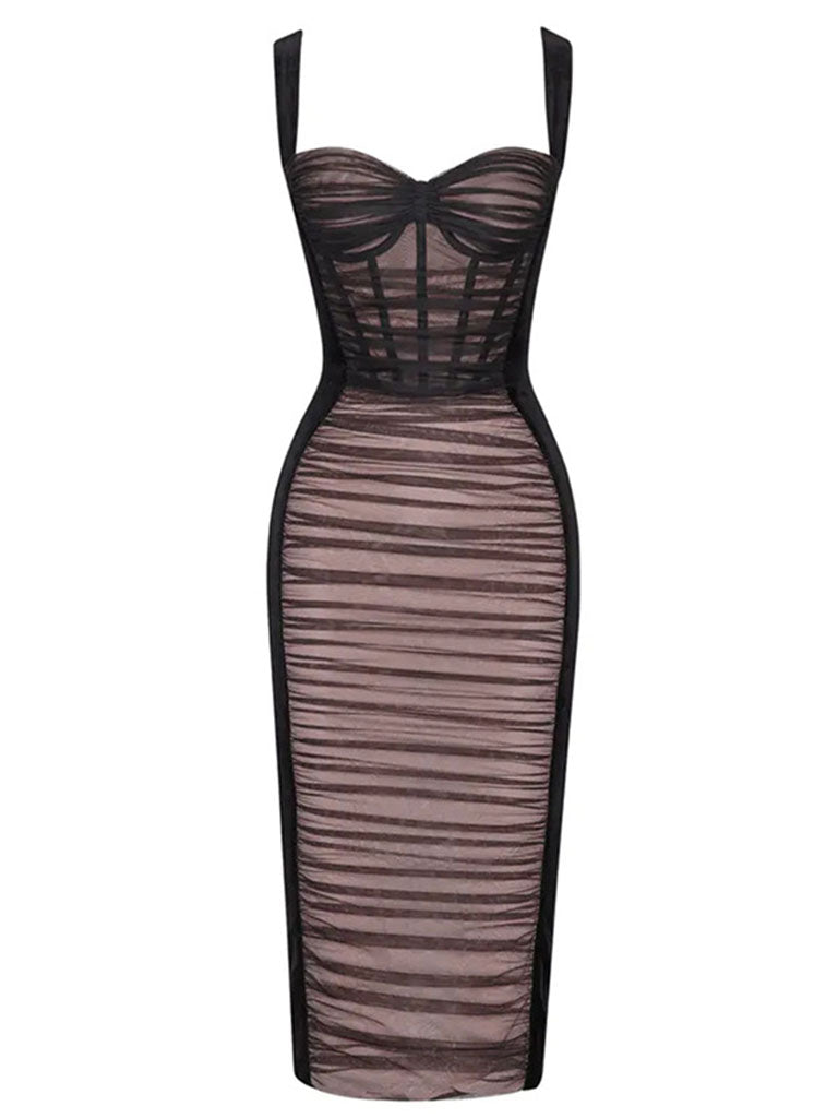 Wine Red Mesh Strap Corset Velvet Bodycon Dress Gown Party Dress
