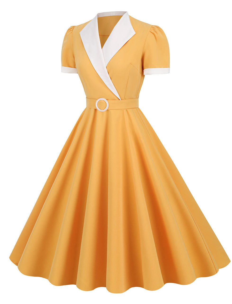 Yellow V Neck Short Sleeve Swing Vintage 1950S Dress