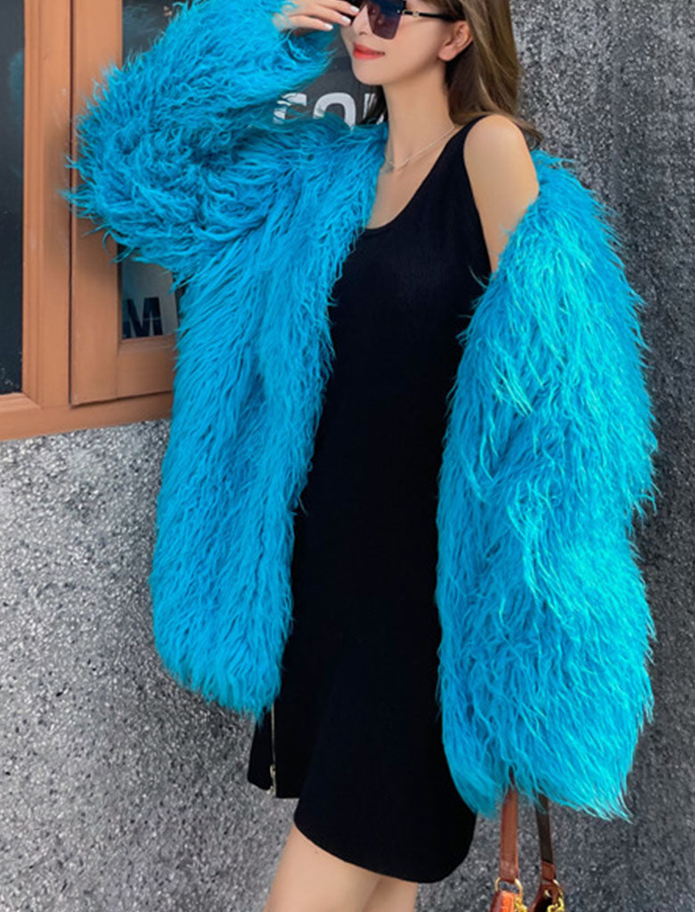 Green Faux Fur Long Sleeve Lambswool Coat Winter Coat