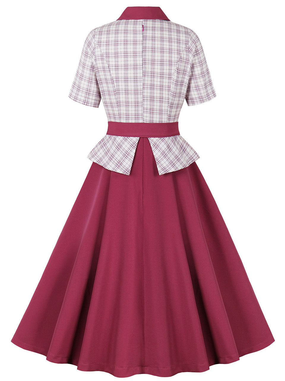 1950S Wine Red Plaid Short Sleeve Vintage Swing Dress