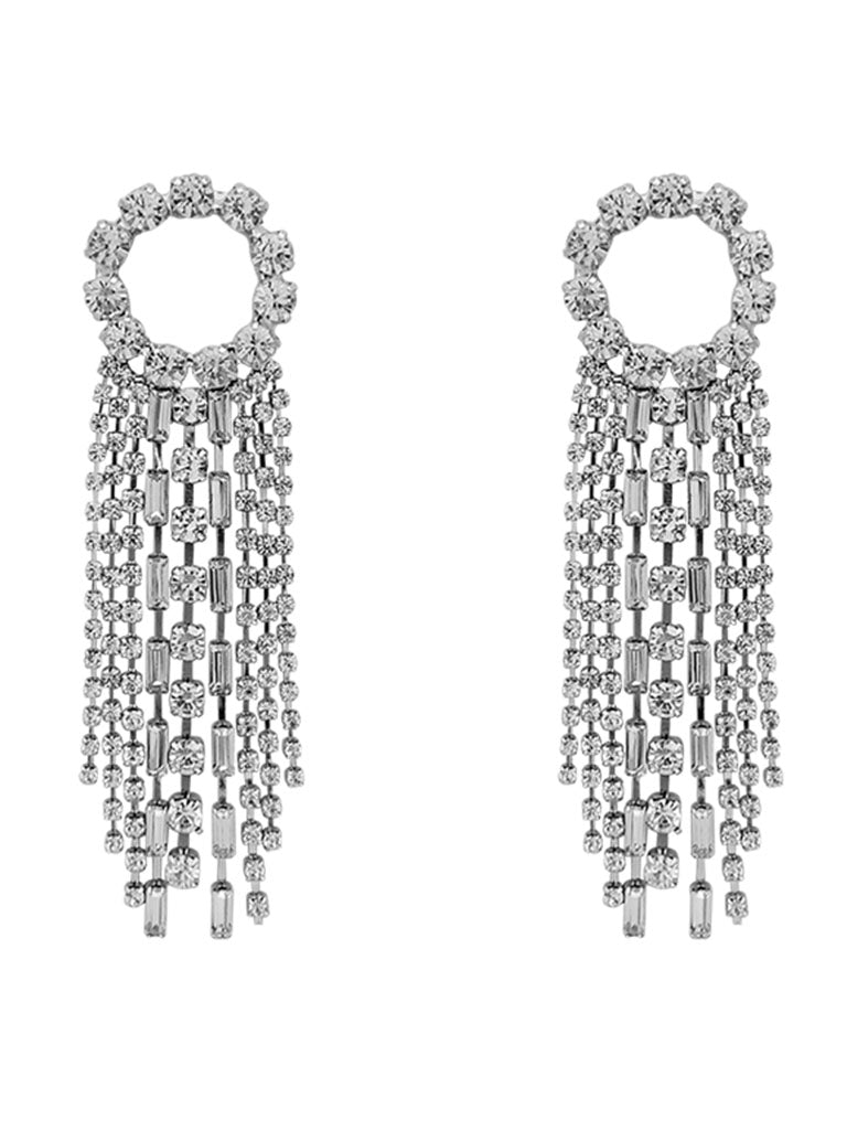 925 Silver Needle Faux Rhinestone Tassel Long Earrings