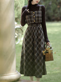 3PS Brown Knit Top and Plaid Vest Skirt Suit 1950S Vintage Audrey Hepburn's Style Outfits