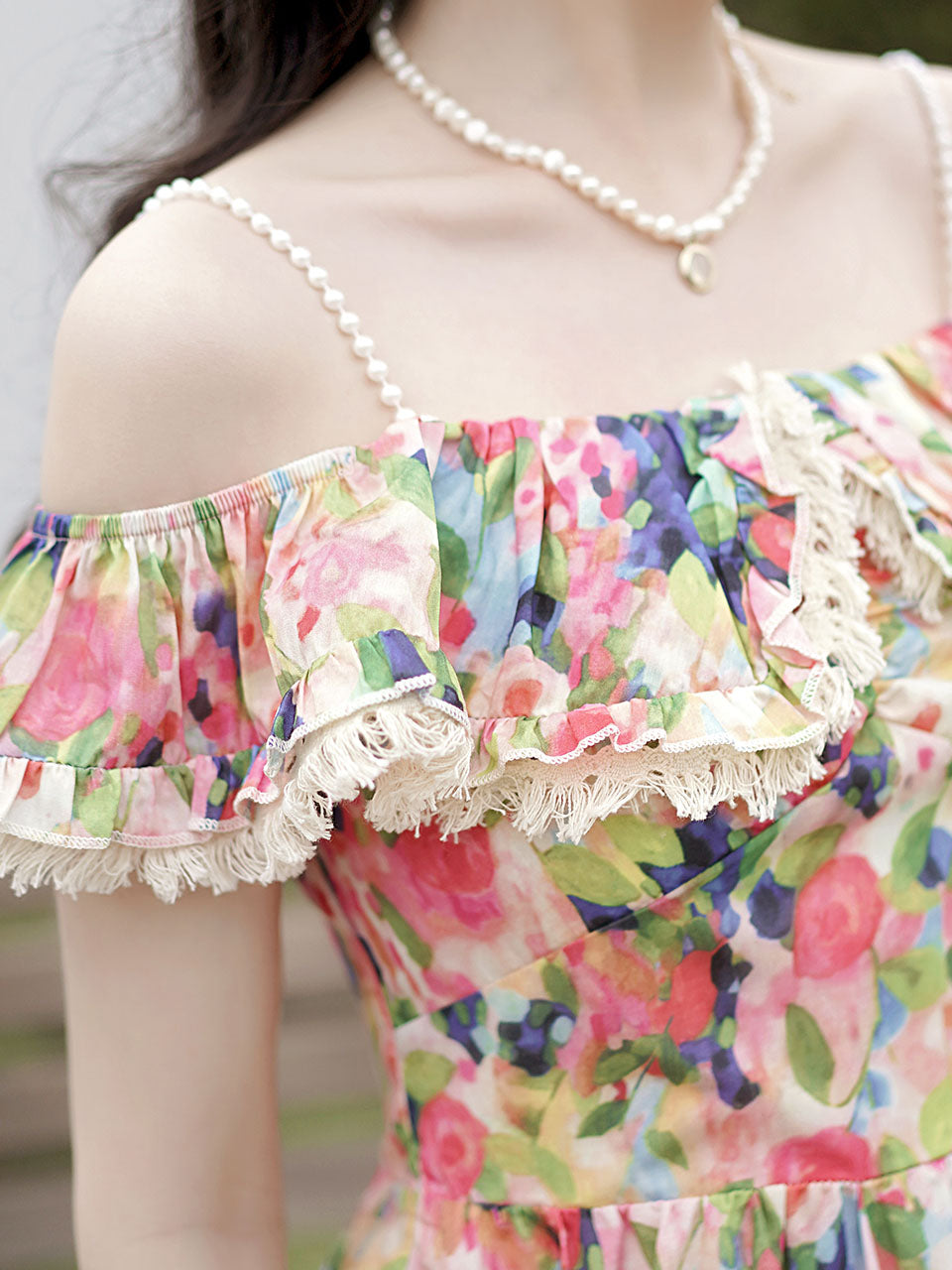 Off The Shoulder Floral Print Ruffles Vintage 1950S Dress
