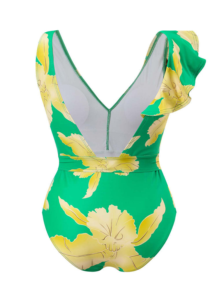 Blue Floral Print Ruffles Strap One Piece