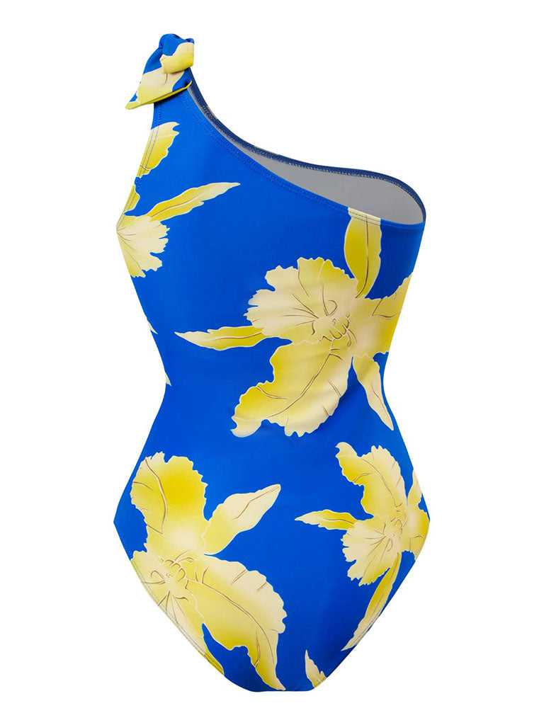 Blue Floral Print Ruffles One Shoulder Bodysuit