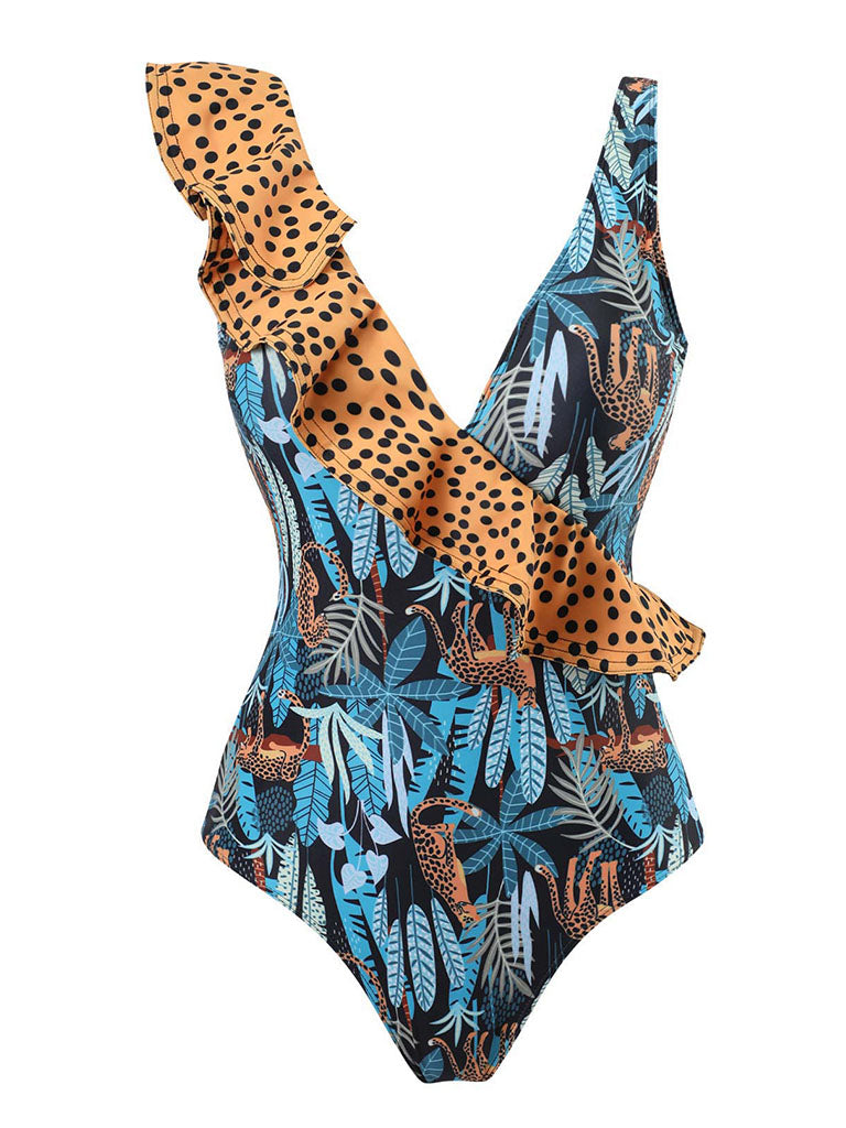 Blue Leopard Print V Neck One Piece