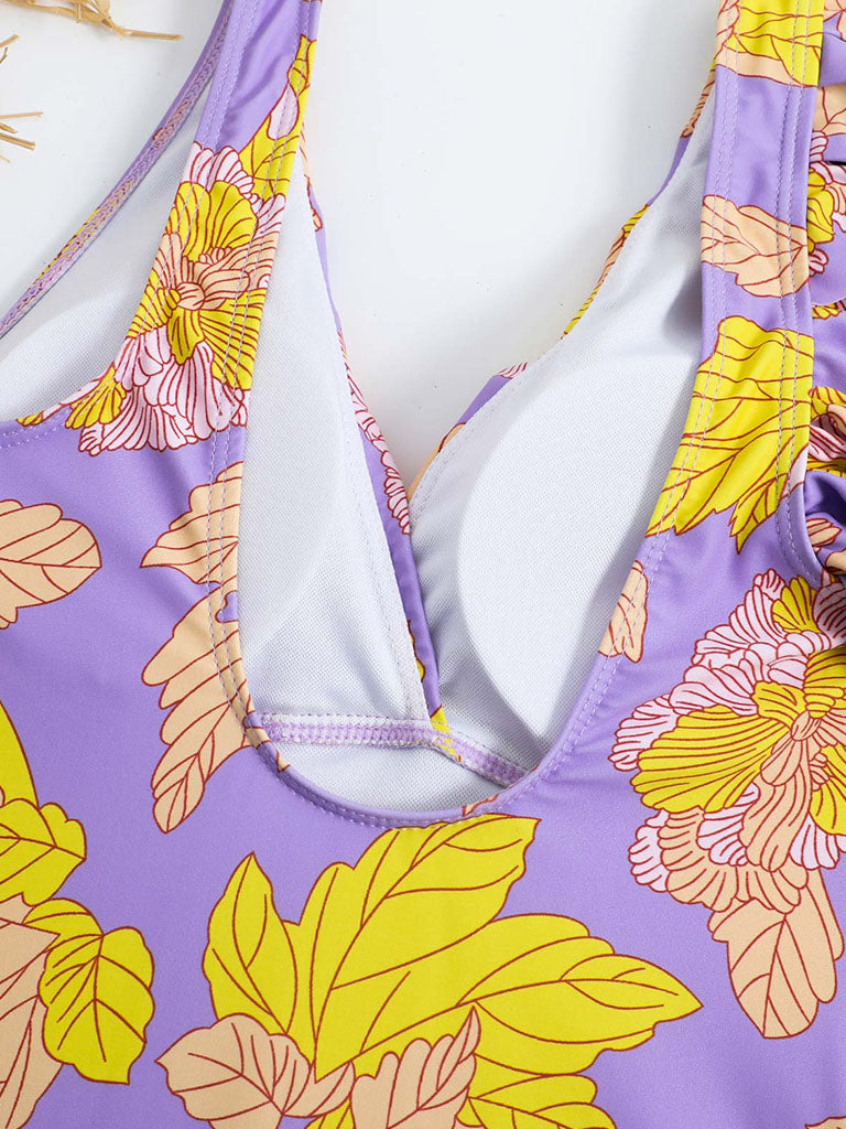 Purple Leaf Print V Neck One Piece