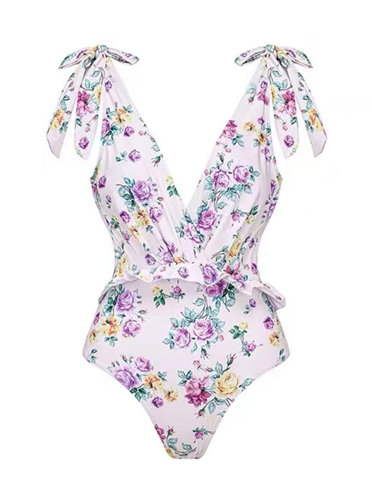 Purple Floral Print Bow Strap One Piece