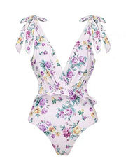 Purple Floral Print Bow Strap One Piece